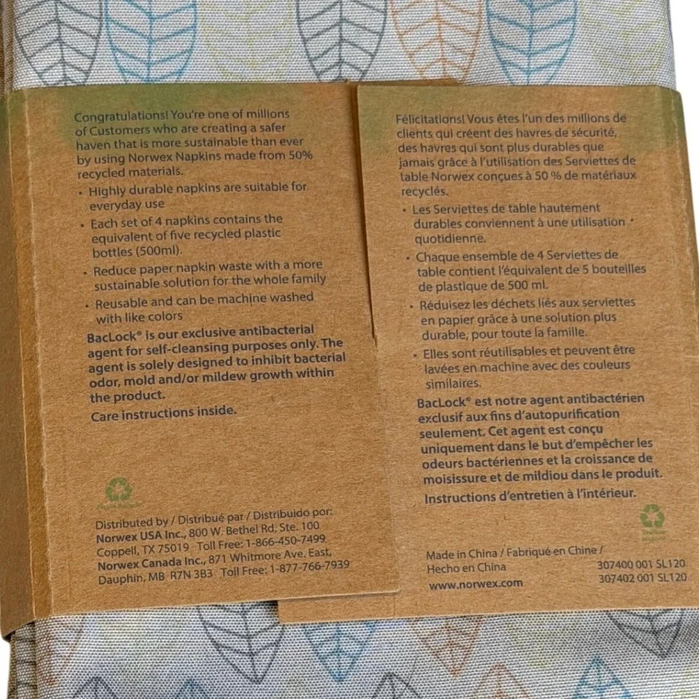 Norwex Napkins‎ Set of 4 Leaf Recycled BacLock Eco-Friendly Housewarming Gift